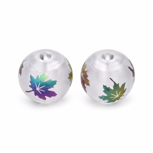 Perles rondes en verre givré aux motifs de feuilles d'érable multicolores