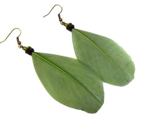 Boucles d'oreilles plumes feuilles vertes