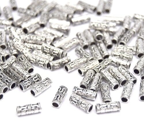 Perles métal colonne gravé argent tibétain antique
