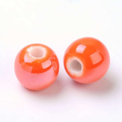 Perles en porcelaine émaillées rondes corail ~6mm x20