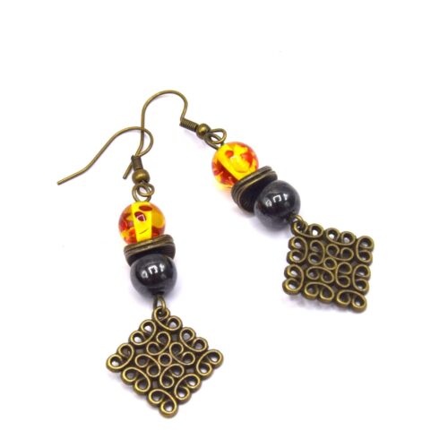 Boucles d'Oreilles Bronze, Ambre Synthétique et Hématite Noire Magnétique