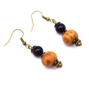 boucles d'oreilles en perles d'agate noire et bois d'olivier français