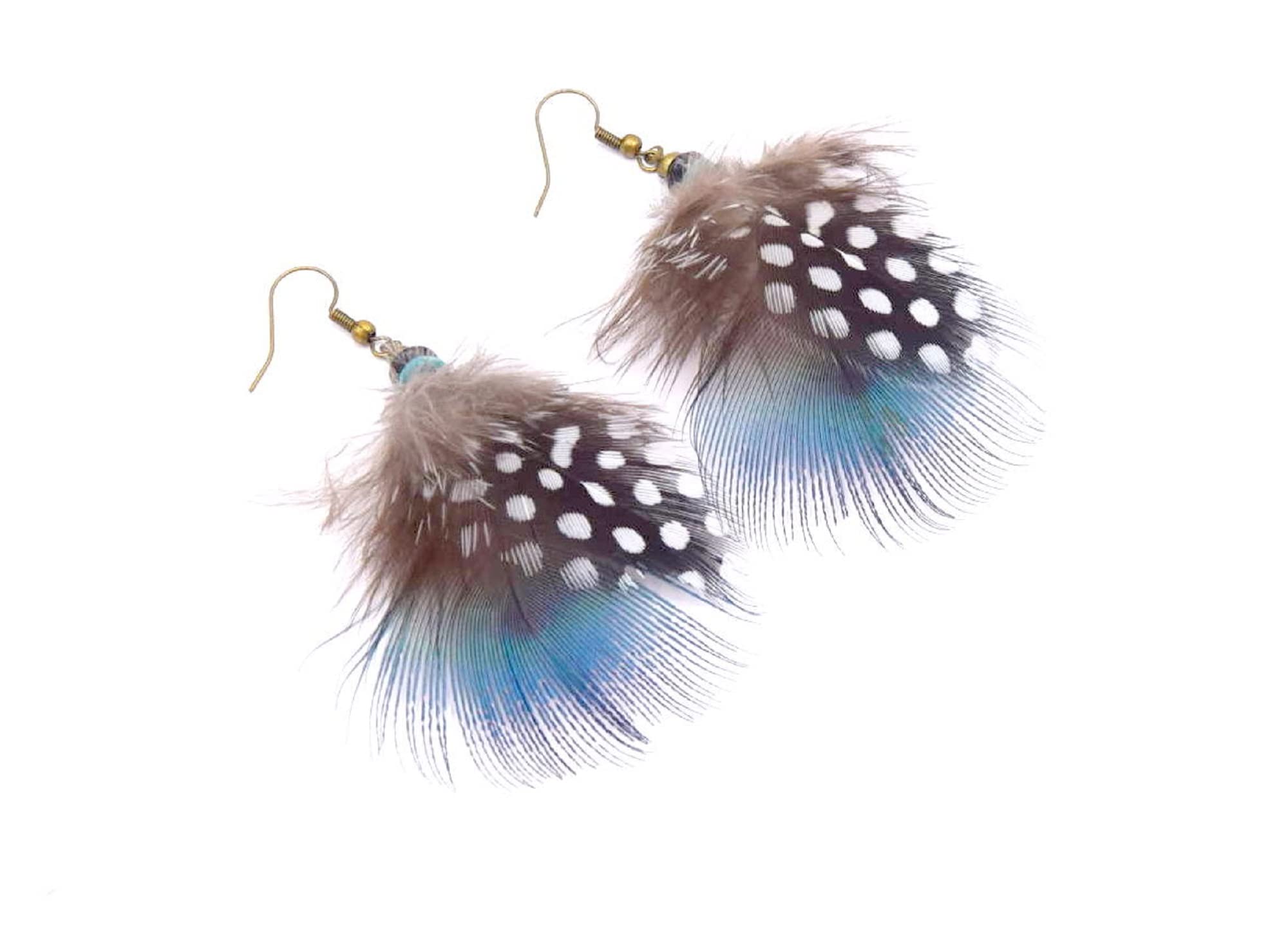 Boucles d'Oreilles Plumes de Paon Bohèmes Turquoise et Noires