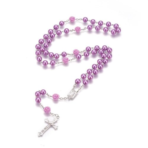 Chapelet de prière, perles verre avec crucifix couleur rose 48cm x1
