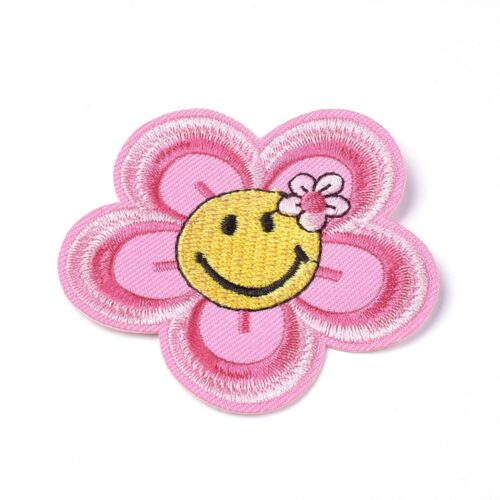 Écussons Patchs Thermocollants Fleur Rose Smiley jaune x2