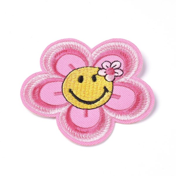 Écussons Patchs Thermocollants Fleur Rose Smiley jaune x2