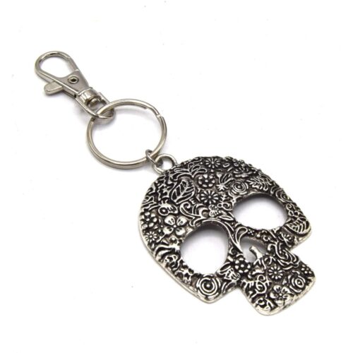 Porte-clés tête de mort mexicain – Métal argenté, 12 cm