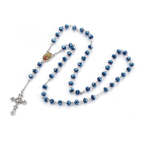 Chapelet avec crucifix bleu en acier inoxydable 304 -70cm x1