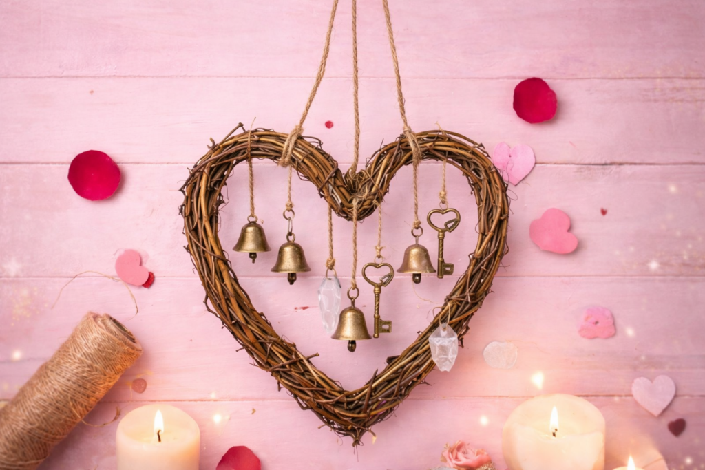 Carillon de l’amour suspendu près d’une fenêtre, symbole spirituel de la Saint-Valentin, avec cœur en vigne, cloches en bronze et cristaux naturels.