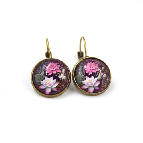 Boucles d'oreilles dormeuses cabochon en verre fleur de lotus yin yang