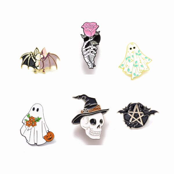 Lot de 6 Pin's Halloween, fantômes, squelette, pentacle, chauve-souris, main de squelette avec rose