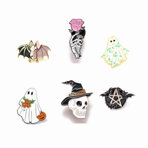 Lot de 6 Pin's Halloween, fantômes, squelette, pentacle, chauve-souris, main de squelette avec rose