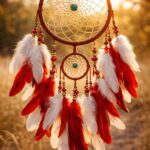 Tuto attrape-rêve DIY traditionnel fait main avec plumes rouges et blanches, perles décoratives et toile tissée, en lumière naturelle chaleureuse