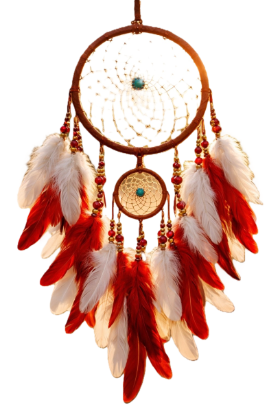 Attrape-rêve traditionnel avec plumes rouges et blanches, perles décoratives et toile tissée, suspendu en lumière naturelle au coucher du soleil fond blanc_preview_rev_1