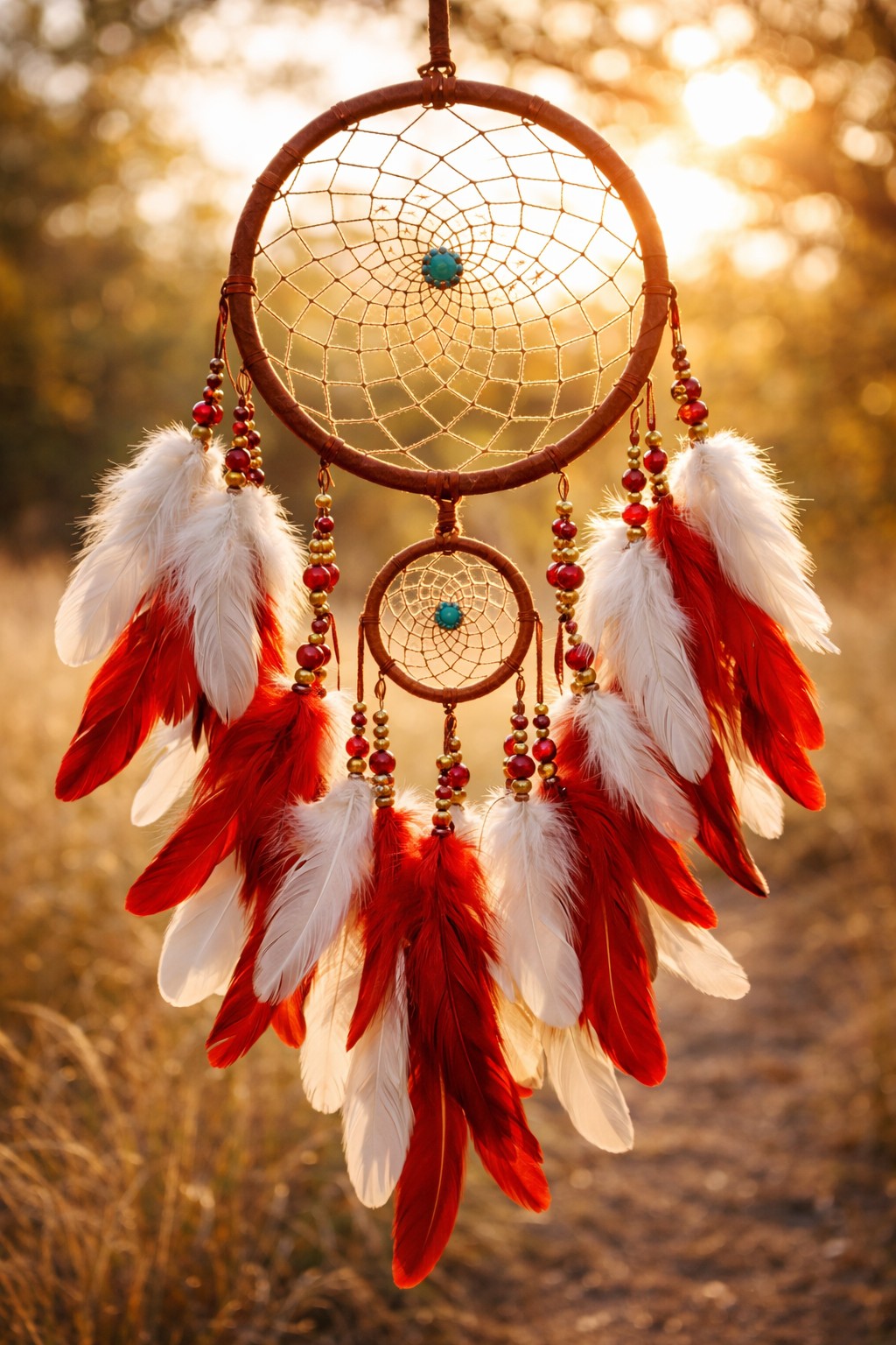 Tuto attrape-rêve DIY traditionnel fait main avec plumes rouges et blanches, perles décoratives et toile tissée, en lumière naturelle chaleureuse