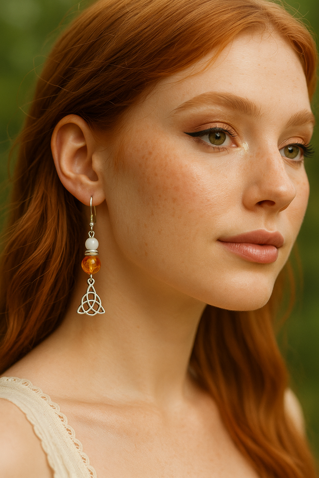 Boucles d'oreilles Triquetra jade blanc ambre finition argentée