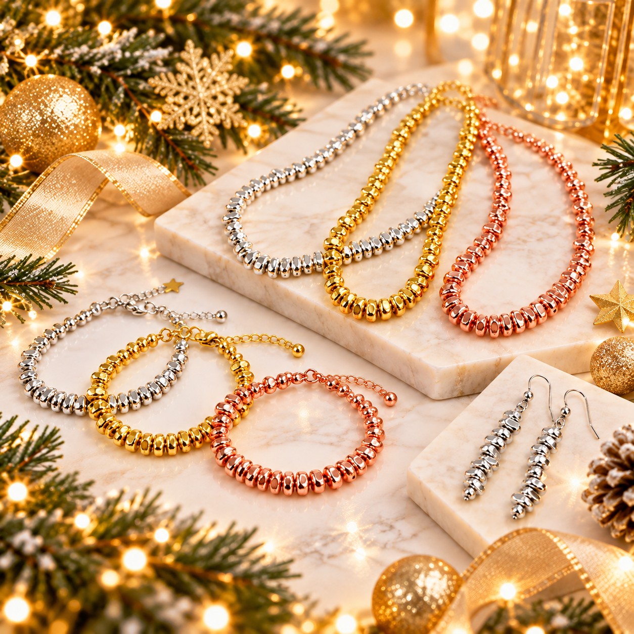 Bijoux DIY pour les fêtes de Noël avec perles chips en hématite synthétique dorées, argentées et rose doré : bracelets, colliers et boucles d’oreilles. Bijoux DIY pour les fêtes de Noël avec perles chips en hématite synthétique dorées, argentées et rose doré : bracelets, colliers et boucles d'oreilles.