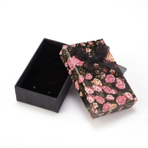Boite cadeau à fleurs style rétro vintage avec noeud en tissu pour bijoux - noir et rose x1