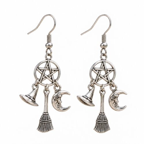 Boucles d'oreilles Wicca pentacle chapeau balai et croissant de lune