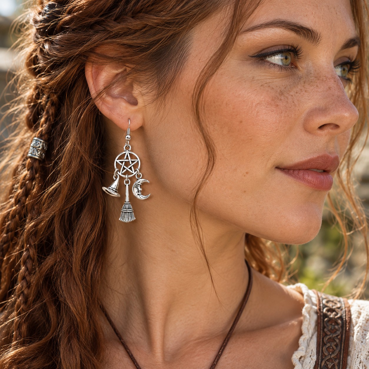 Boucles d'oreilles Wicca pentacle chapeau balai et croissant de lune porté par une femme celte wicca
