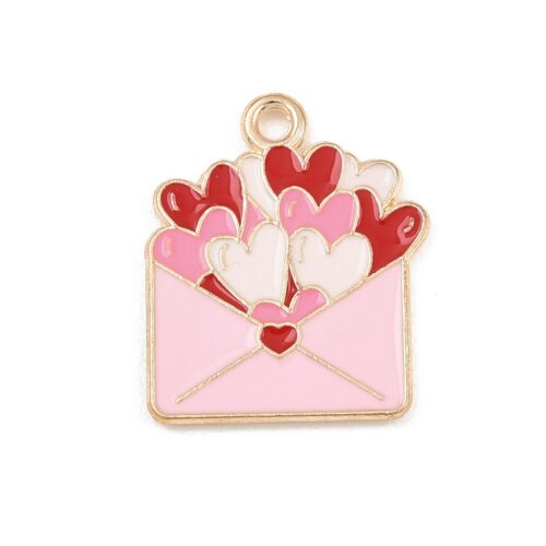 Breloque enveloppe rose avec cœurs – Lot de 10