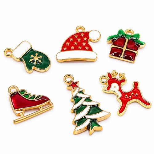 Breloques Noël émaillées x6 – Charms colorés en laiton