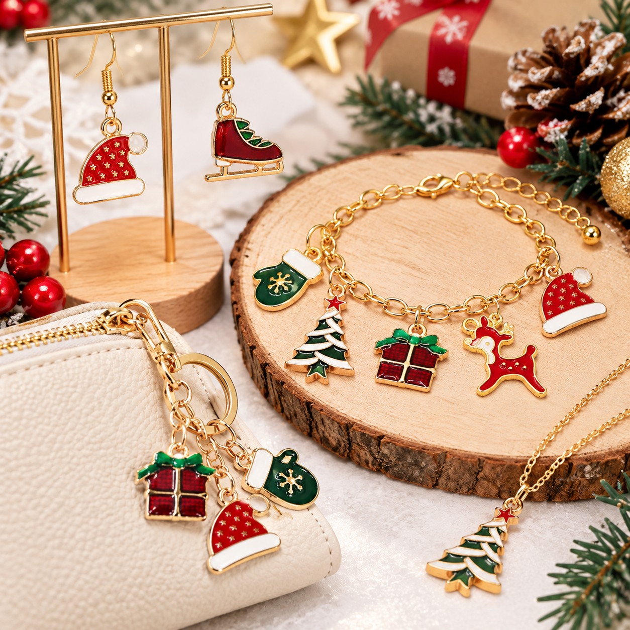 Breloques Noël émaillées x6 – Charms colorés en laiton utilisation bijoux diy