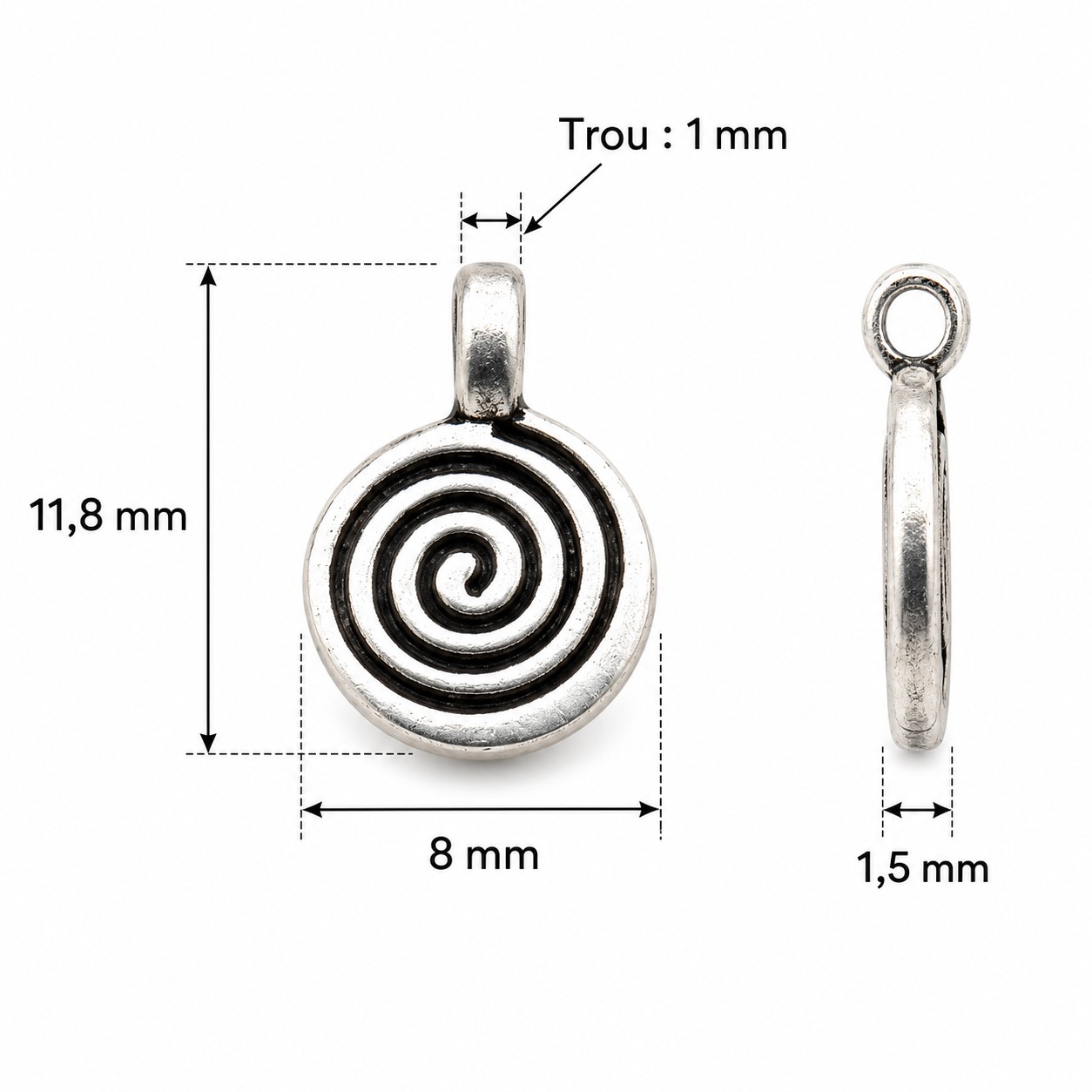 Breloques rond plat spiral argent lot de 30 pour bijoux diy dimensions