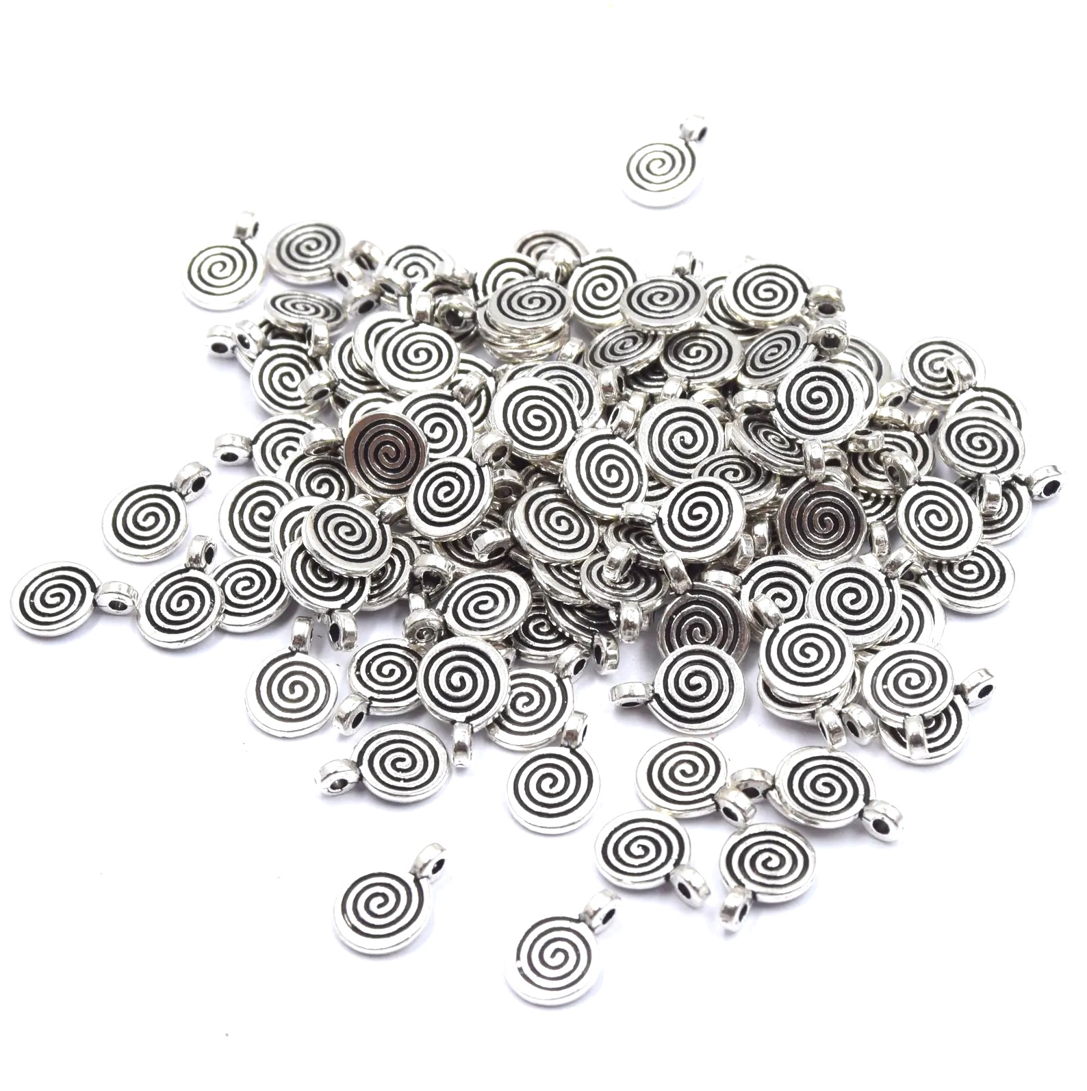 Breloques rond plat spiral argent lot de 30 pour bijoux diy