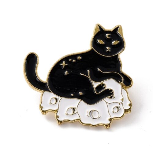 Broche en émail Chat Noir & Crâne de Souris – Style gothique chic