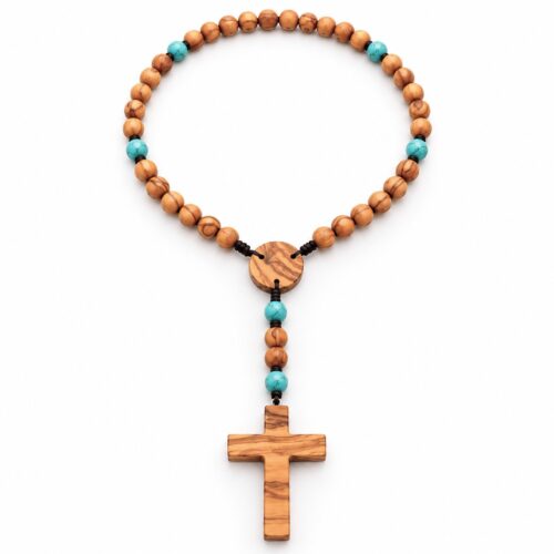 Chapelet artisanal en bois d’olivier avec perles turquoise et croix faite main