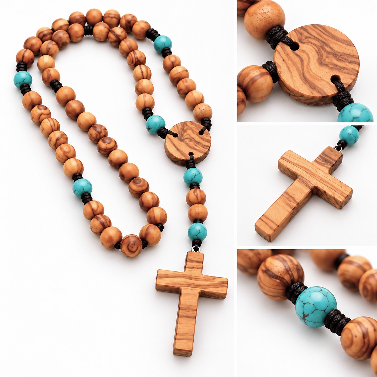 Chapelet artisanal en bois d’olivier avec perles naturelles et croix visualisation des détails