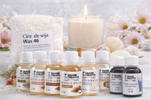 Cire de soja Wax 46 pour bougies parfumées DIY avec parfums et colorants Graine Créative, mise en scène créative avec bougie allumée et éléments naturels