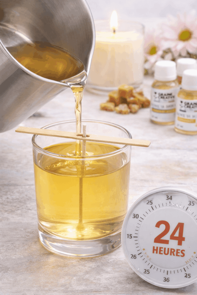 Coulage de la cire de soja Wax 46 dans un verre avec mèche centrée, étape de fabrication de bougie DIY et temps de repos 24 heures