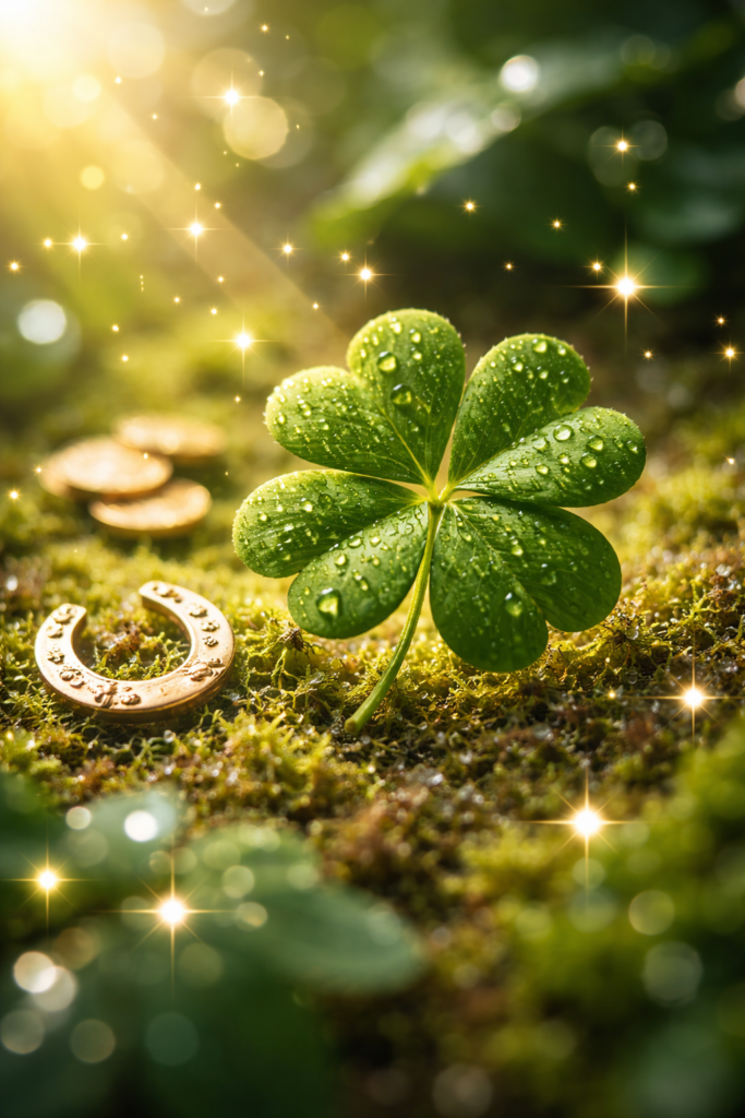 Trèfle à quatre feuilles symbole de chance et de protection, posé sur un fond naturel lumineux évoquant l’énergie positive et le renouveau.
