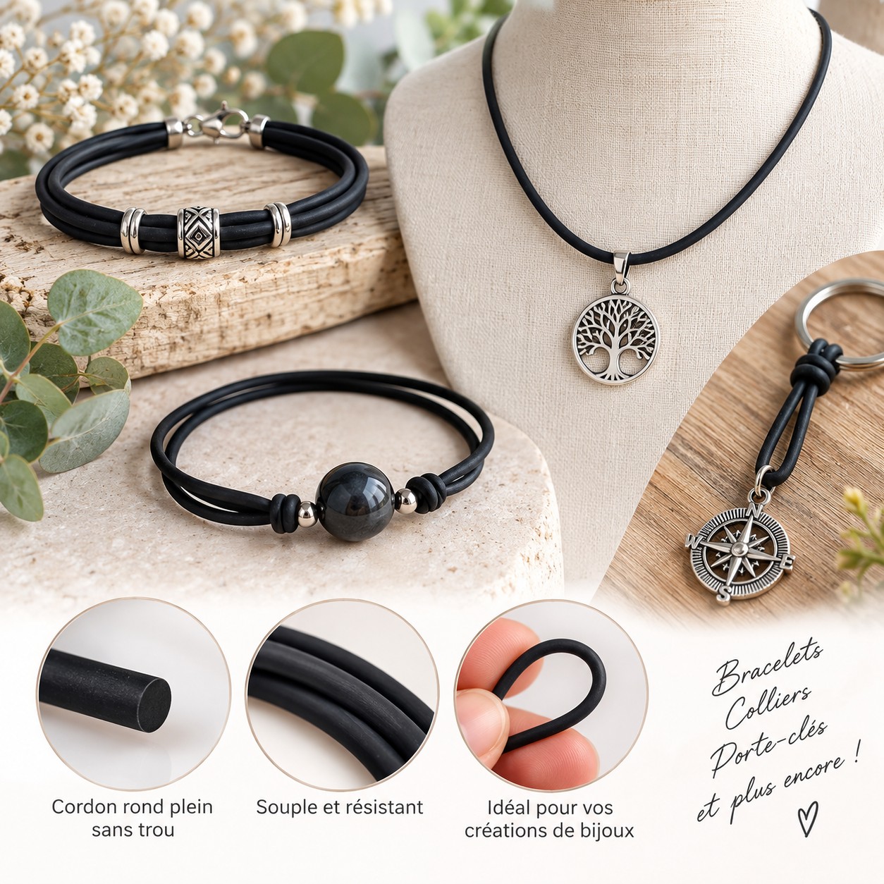 Cordon PVC noir 2 mm pour création de bijoux – 5 mètres utilisation produit en collier bracelet