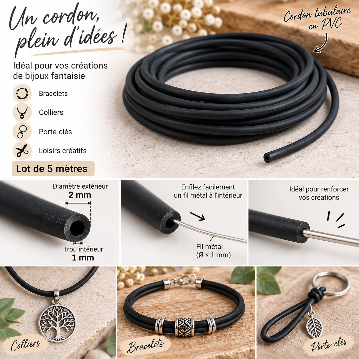 Cordon tubulaire creux PVC noir 2 mm pour création de bijoux – 5 mètres utilisation pratique