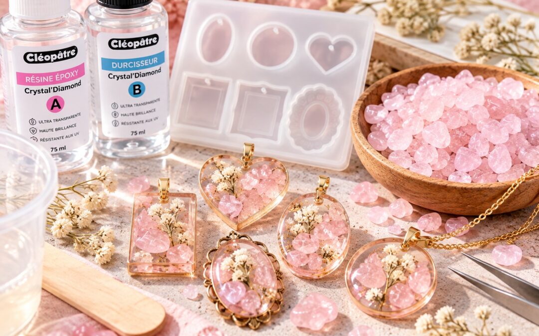 Comment créer un pendentif en résine époxy avec quartz rose et fleurs séchées ?