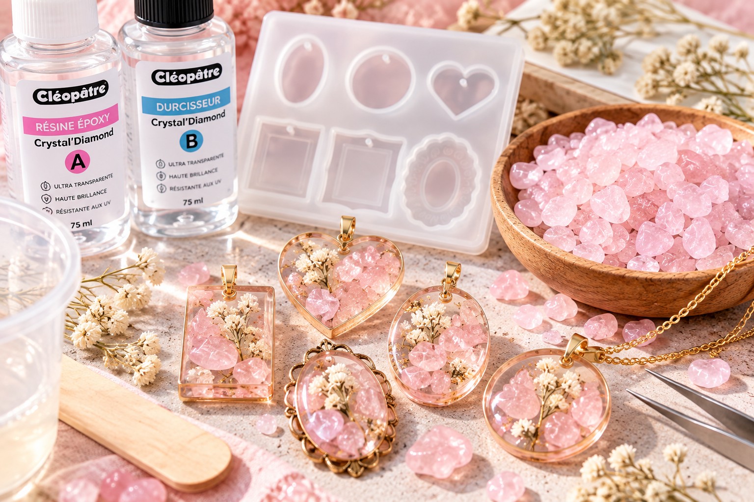 Comment utiliser des pierres naturelles et fleurs séchées dans la résine époxy ? Pendentif résine époxy avec quartz rose et fleurs séchées