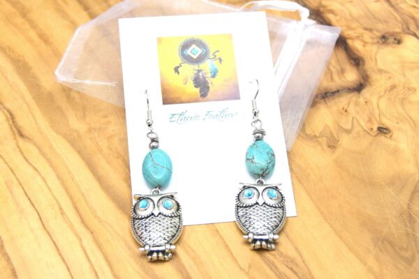boucles d'oreilles hibou perles turquoises ETHNICFEATHER