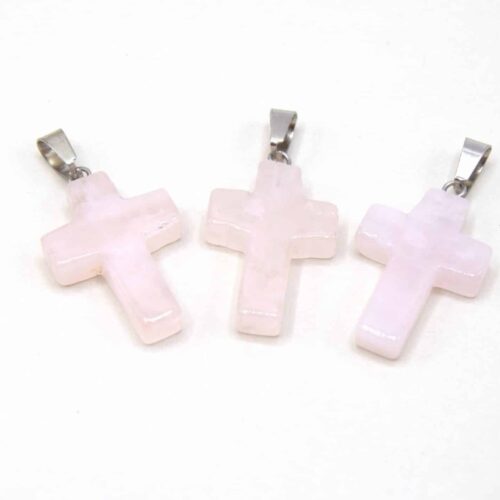 Croix quartz rose avec attaches en acier inoxydable x3