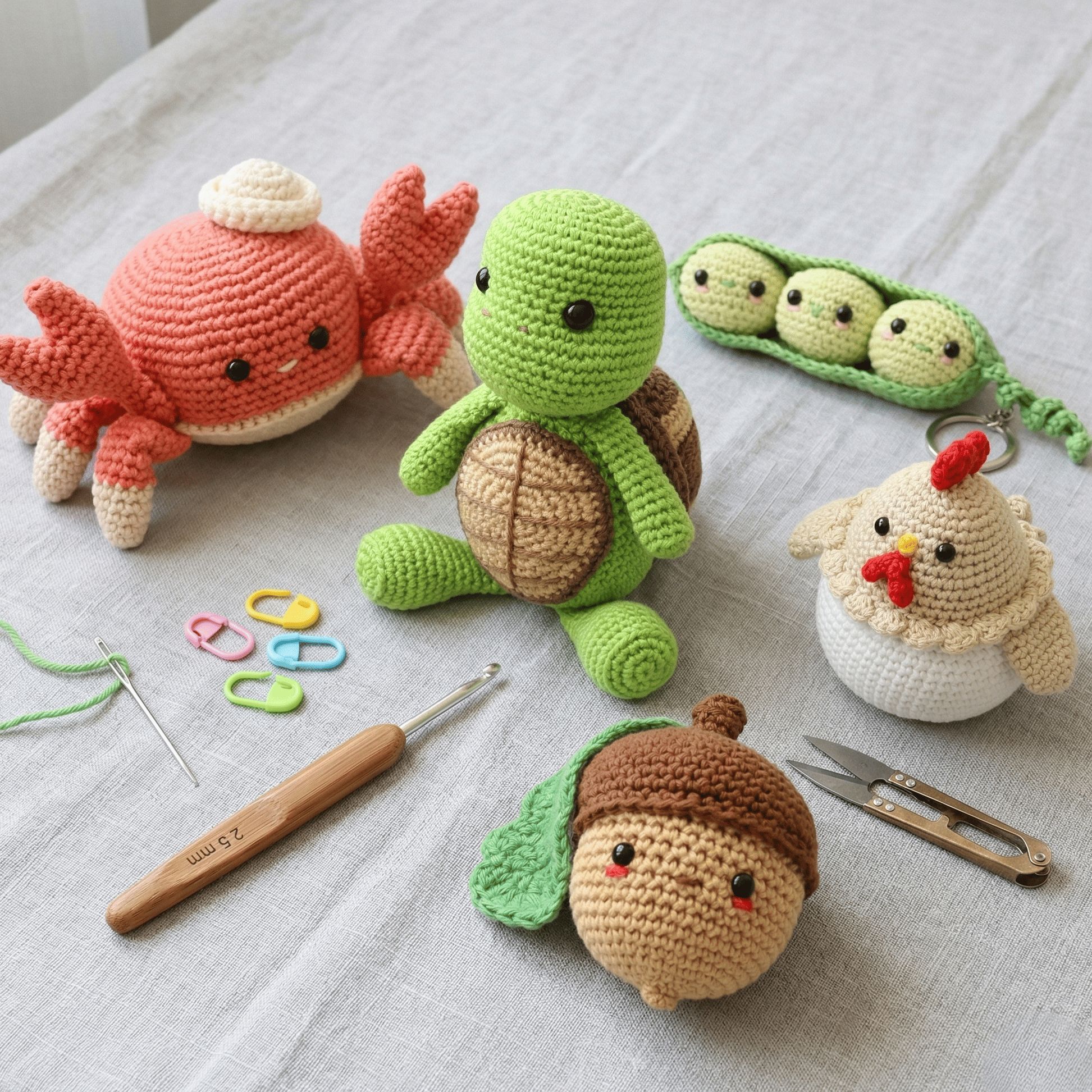 Collection de doudous en coton bio réalisés avec un kit crochet amigurumi : tortue Siem, petits pois, crabe et poulette. Collection de doudous en coton bio réalisés avec un kit crochet amigurumi : tortue Siem, petits pois, crabe et poulette.
