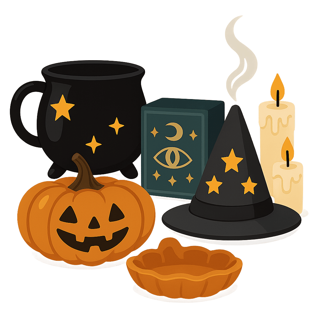 Décoration & Ambiance Halloween ✨ : mugs chaudrons, brûleurs à encens, vide-poches, sacs et objets magiques pour une fête ensorcelante.
