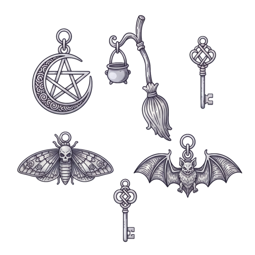 Sélection de breloques ésotériques en argent : croissant de lune, fleur de lotus et papillon de nuit gothique pour création de bijoux