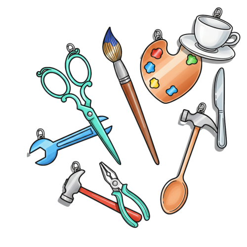 Illustration vectorielle de breloques en métal argenté représentant des outils de métiers et loisirs : ciseaux, pinceaux, palette de peinture, marteau, clé et cuillère pour création de bijoux.