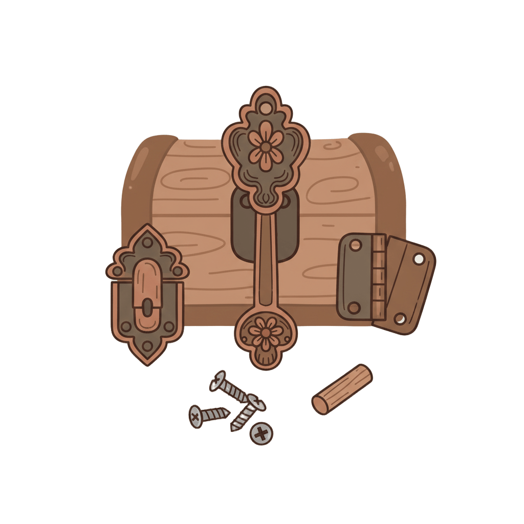quincaillerie-creation-boite-bois.jpgSélection de quincaillerie de création avec fermoirs et poignées pour boîte en bois DIY.