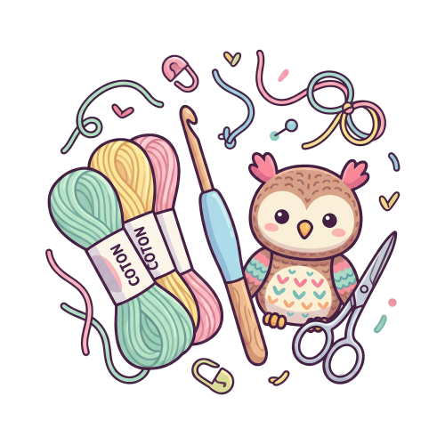 Illustration vectorielle kit de crochet amigurumi hibou doudou DIY avec matériel complet.
