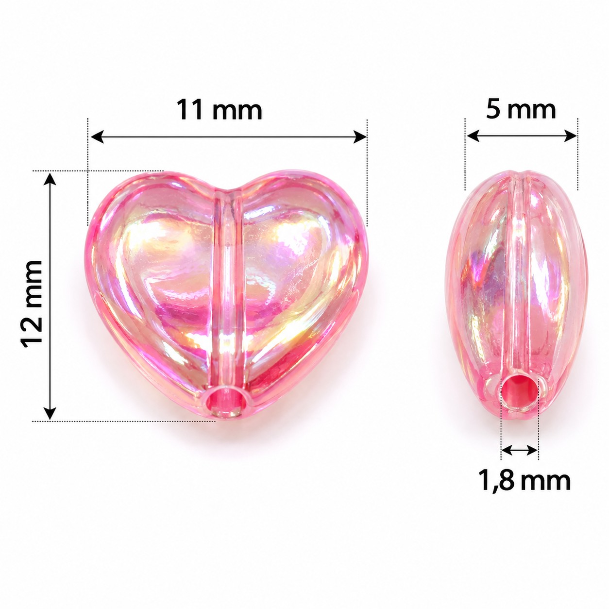 Infographie de perles cœur iridescentes 11mm pour bijoux diy dimensions