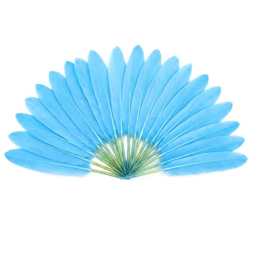 Lot de 20 plumes d'oie bleu azur disposées en éventail sur fond blanc pour créations artisanales et bijoux.