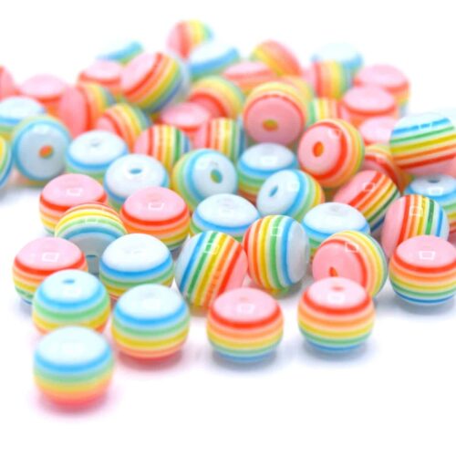 Perles 8mm résine ronde à rayures pastelles